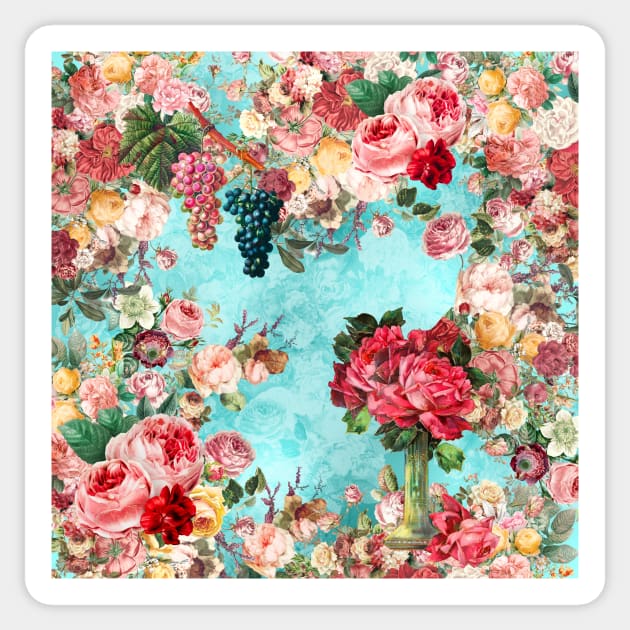 Elegant Vintage flowers and roses garden shabby chic, vintage botanical, pink floral pattern aqua blue artwork over a Sticker by Zeinab taha